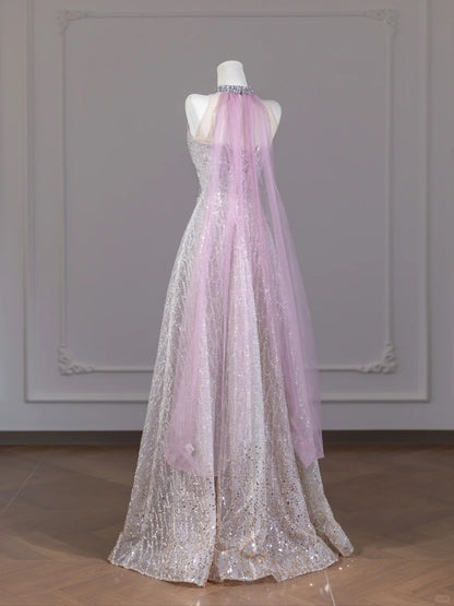 Charming Sleeveless Crystal Design A-Line Sparkly Sequins Mesh Trimmed Halter Prom Dress AP2267