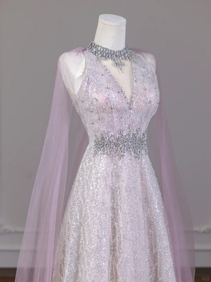 Charming Sleeveless Crystal Design A-Line Sparkly Sequins Mesh Trimmed Halter Prom Dress AP2267