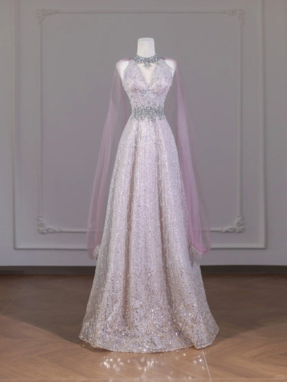 Charming Sleeveless Crystal Design A-Line Sparkly Sequins Mesh Trimmed Halter Prom Dress AP2267