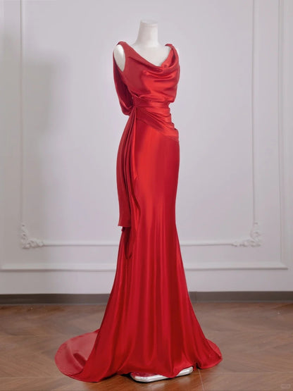 Chic Backless Red Floor Length Evening Dress Ruched V Neck Mermaid Prom Dress AP2268