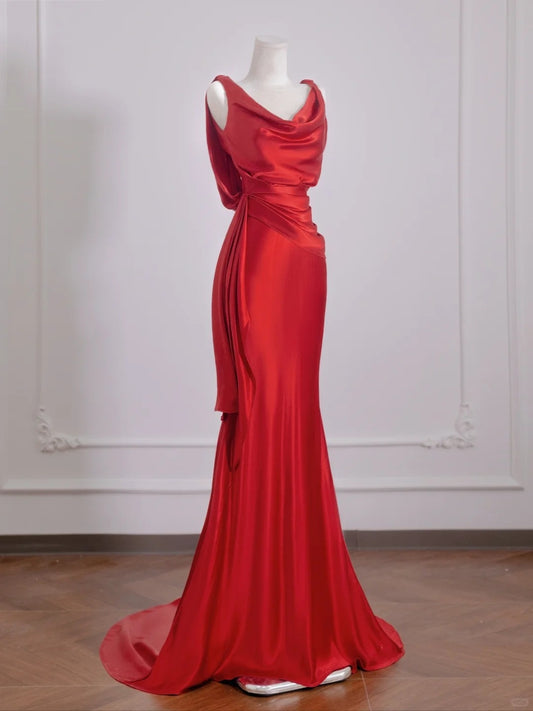 Chic Backless Red Floor Length Evening Dress Ruched V Neck Mermaid Prom Dress AP2268