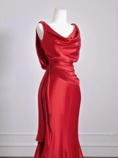 Chic Backless Red Floor Length Evening Dress Ruched V Neck Mermaid Prom Dress AP2268