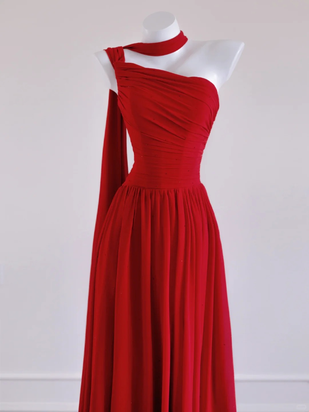 Fashionable One-Shoulder Glittering Sequins Ruched A-Line Red One-Shoulder Lace-Up Back Prom Dress AP2270