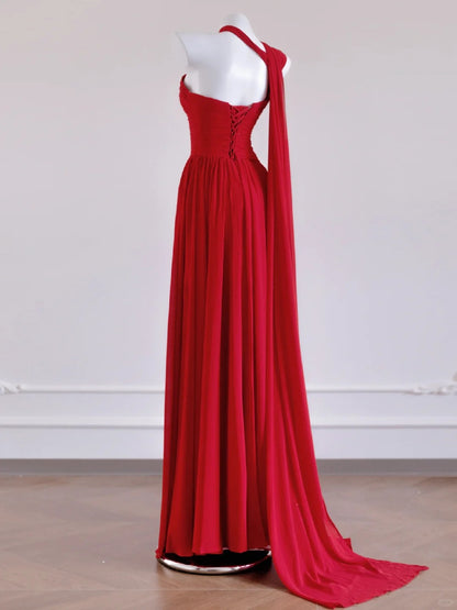 Fashionable One-Shoulder Glittering Sequins Ruched A-Line Red One-Shoulder Lace-Up Back Prom Dress AP2270