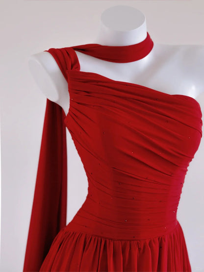 Fashionable One-Shoulder Glittering Sequins Ruched A-Line Red One-Shoulder Lace-Up Back Prom Dress AP2270