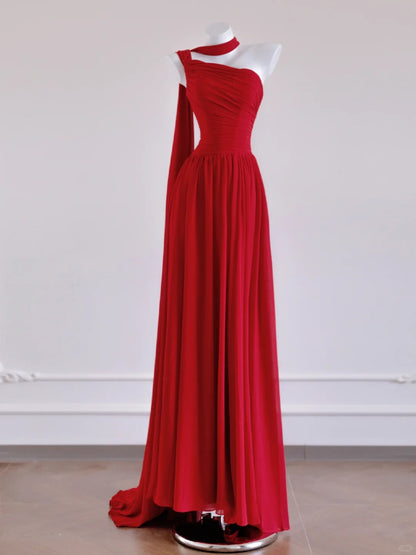 Fashionable One-Shoulder Glittering Sequins Ruched A-Line Red One-Shoulder Lace-Up Back Prom Dress AP2270