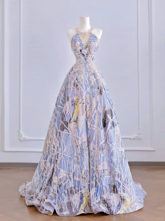 New Tendency Halter Neck Shimmering Crystals Sequins Accent A-Line Beading Prom Dress AP2271