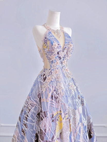 New Tendency Halter Neck Shimmering Crystals Sequins Accent A-Line Beading Prom Dress AP2271