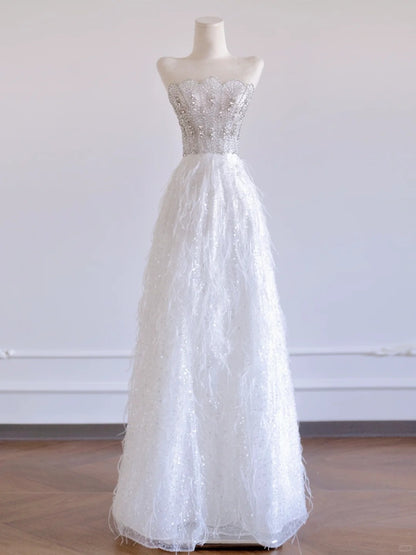 Stunning Beading Crystal Bodice A-Line Feather Trimmed Tulle Hem Strapless Prom Dress AP2272