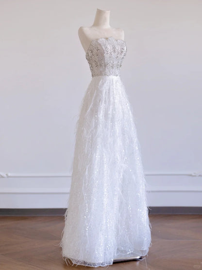 Stunning Beading Crystal Bodice A-Line Feather Trimmed Tulle Hem Strapless Prom Dress AP2272