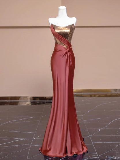 Vintage Metallic Satin Splicing Mermaid Evening Gowns Lace-Up Back Sash Strapless Pleated Prom Dress AP2273