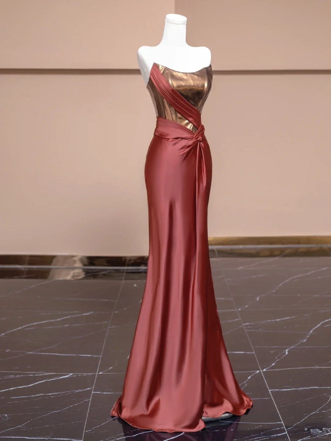 Vintage Metallic Satin Splicing Mermaid Evening Gowns Lace-Up Back Sash Strapless Pleated Prom Dress AP2273