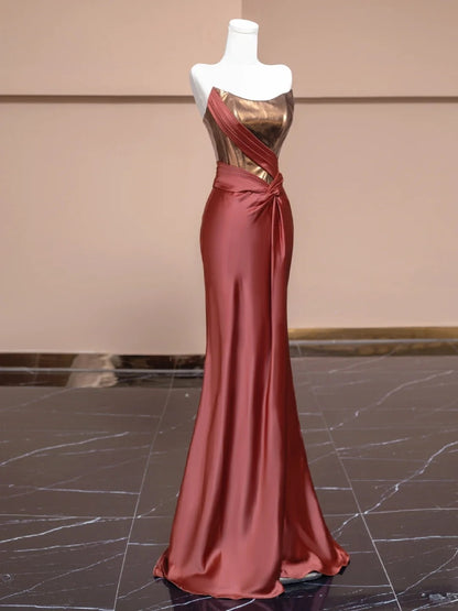 Vintage Metallic Satin Splicing Mermaid Evening Gowns Lace-Up Back Sash Strapless Pleated Prom Dress AP2273