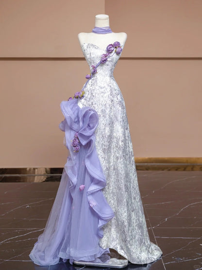 Graceful Handmade Flowers Strapless Ruffled Tulle Trim A-Line Prom Dress AP2274