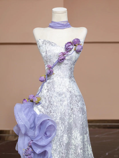 Graceful Handmade Flowers Strapless Ruffled Tulle Trim A-Line Prom Dress AP2274