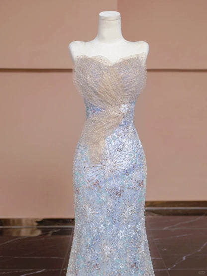 Gorgeous Strapless Evening Gown Sequin Beading Wing Mesh Mermaid Hem Prom Dress AP2275