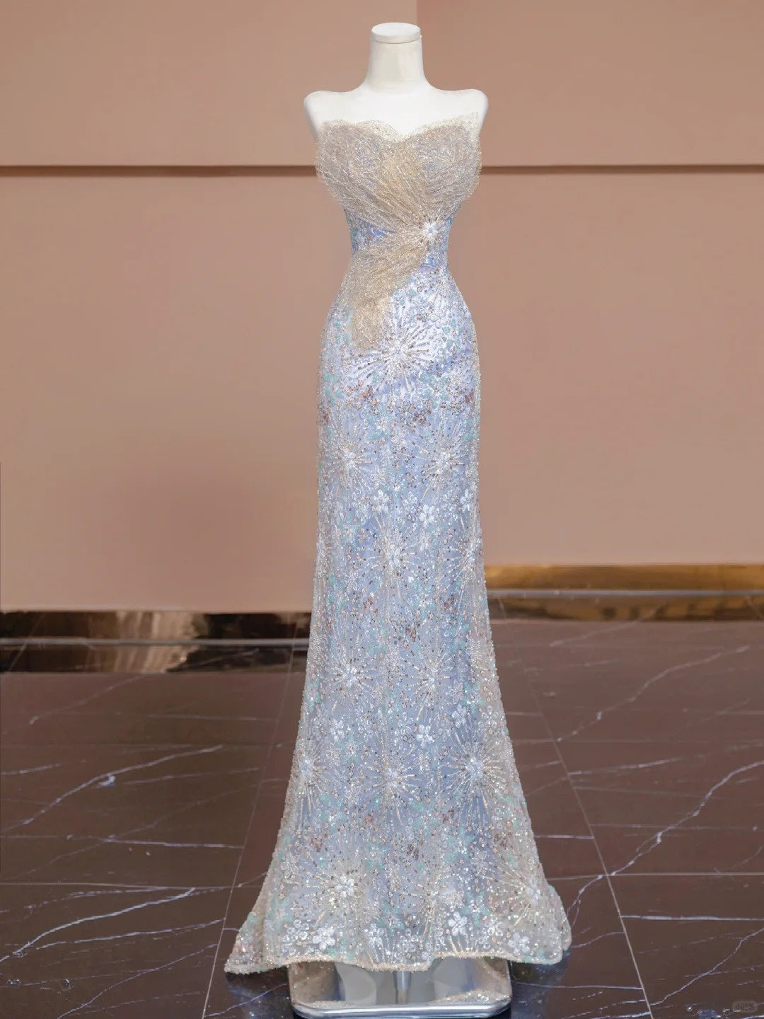 Gorgeous Strapless Evening Gown Sequin Beading Wing Mesh Mermaid Hem Prom Dress AP2275