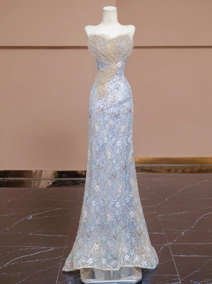 Gorgeous Strapless Evening Gown Sequin Beading Wing Mesh Mermaid Hem Prom Dress AP2275