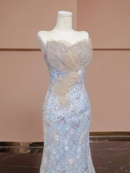 Gorgeous Strapless Evening Gown Sequin Beading Wing Mesh Mermaid Hem Prom Dress AP2275