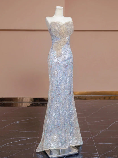 Gorgeous Strapless Evening Gown Sequin Beading Wing Mesh Mermaid Hem Prom Dress AP2275