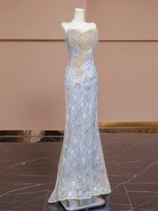 Gorgeous Strapless Evening Gown Sequin Beading Wing Mesh Mermaid Hem Prom Dress AP2275