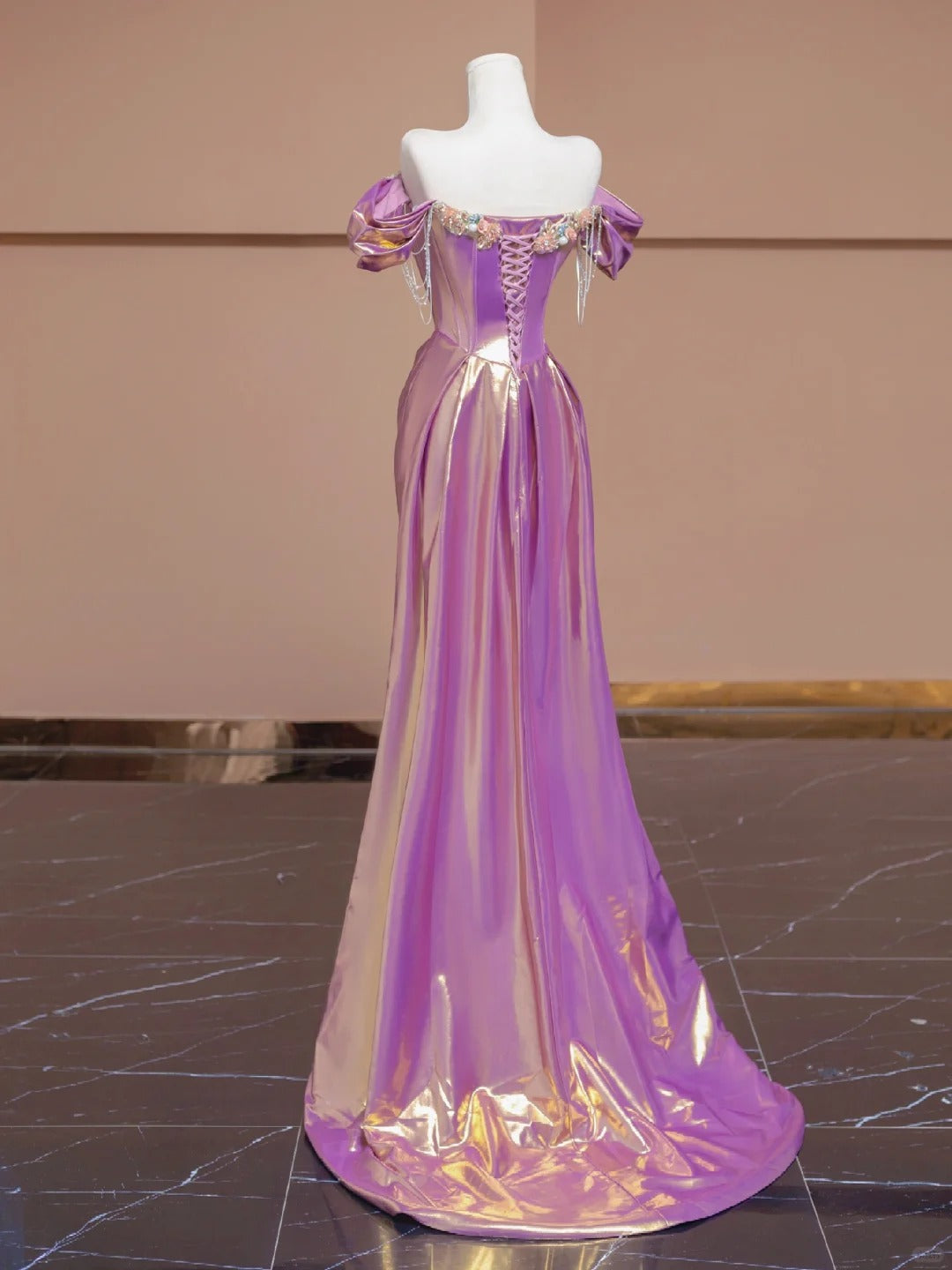 Romantic Off-Shoulder Evening Gowns Purple Beading Crystals Applique Mermaid Prom Dress AP2276