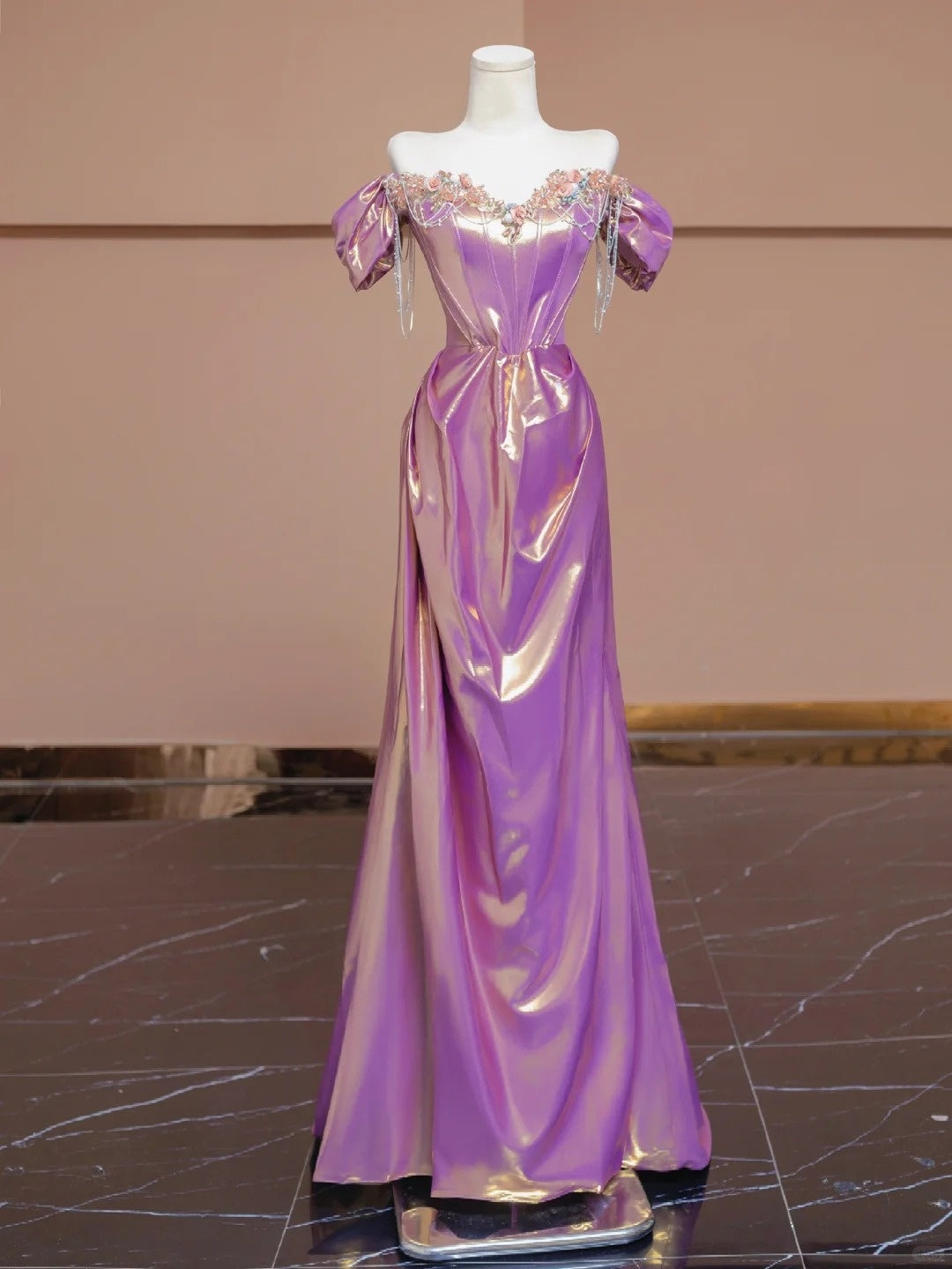 Romantic Off-Shoulder Evening Gowns Purple Beading Crystals Applique Mermaid Prom Dress AP2276