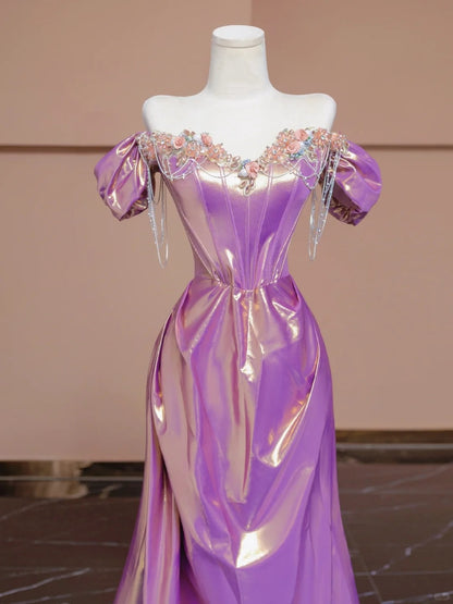 Romantic Off-Shoulder Evening Gowns Purple Beading Crystals Applique Mermaid Prom Dress AP2276