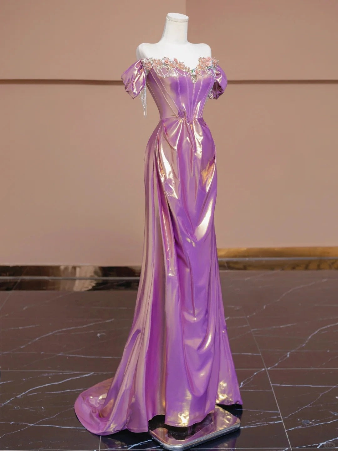 Romantic Off-Shoulder Evening Gowns Purple Beading Crystals Applique Mermaid Prom Dress AP2276