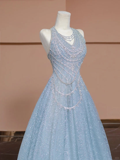Exquisite Halter Neck A-Line Evening Gowns Beading Blue Shimmering Crystals Prom Dress AP2277