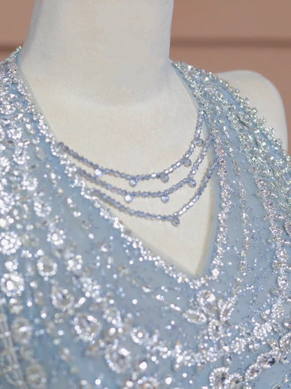 Exquisite Halter Neck A-Line Evening Gowns Beading Blue Shimmering Crystals Prom Dress AP2277