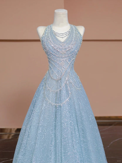 Exquisite Halter Neck A-Line Evening Gowns Beading Blue Shimmering Crystals Prom Dress AP2277