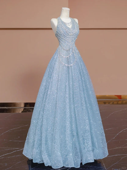 Exquisite Halter Neck A-Line Evening Gowns Beading Blue Shimmering Crystals Prom Dress AP2277