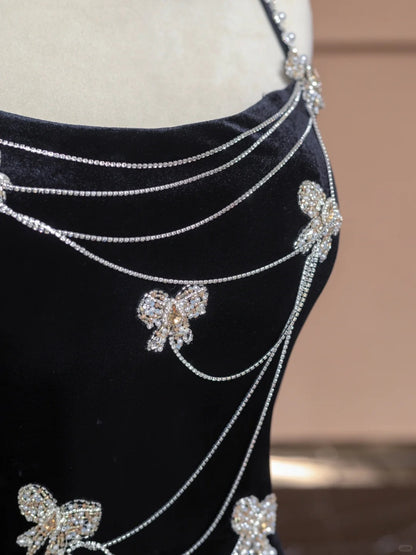 Luxurious Floor-Length Black Velvet Mermaid Hem Beading Spaghetti Straps Prom Dress AP2278