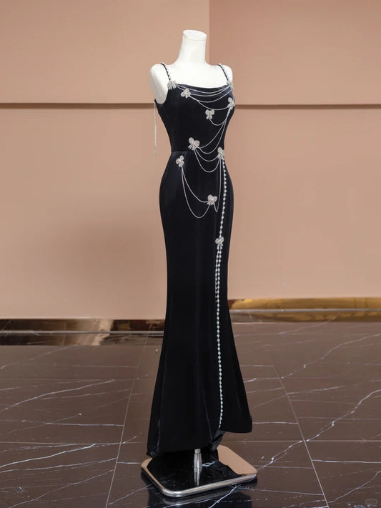 Luxurious Floor-Length Black Velvet Mermaid Hem Beading Spaghetti Straps Prom Dress AP2278