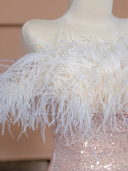 Chic High-Slit Strapless Feather Trim Sparkling Seuins Mermaid Prom Dress AP2279