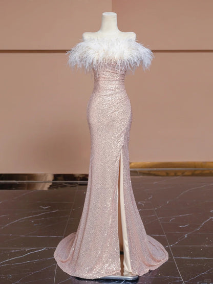 Chic High-Slit Strapless Feather Trim Sparkling Seuins Mermaid Prom Dress AP2279