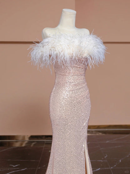 Chic High-Slit Strapless Feather Trim Sparkling Seuins Mermaid Prom Dress AP2279
