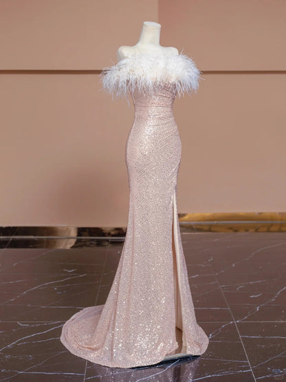 Chic High-Slit Strapless Feather Trim Sparkling Seuins Mermaid Prom Dress AP2279