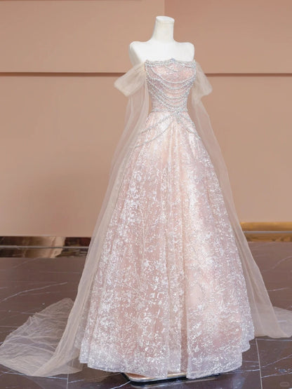 Ethereal A-Line Beading Tulle Trim Off-Shoulder Sparkling Sequins Prom Dress AP2280