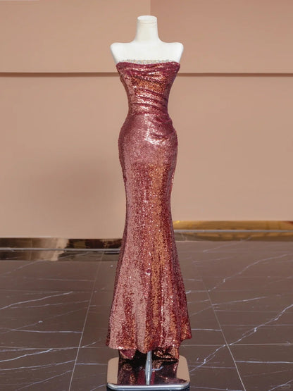 Retro Crystal Design Tulle Trimmed Back Strapless Glittering Sequins Mermaid Prom Dress AP2281