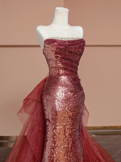Retro Crystal Design Tulle Trimmed Back Strapless Glittering Sequins Mermaid Prom Dress AP2281