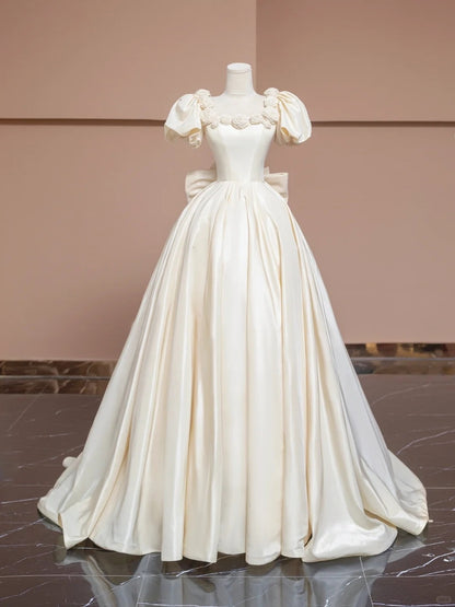 Charming Square Neck Short Puffy Sleeve Ball Gown Floor length A-Line Applique Prom Dress AP2282