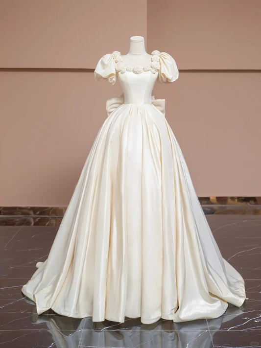 Charming Square Neck Short Puffy Sleeve Ball Gown Floor length A-Line Applique Prom Dress AP2282