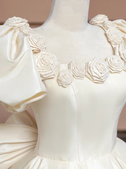 Charming Square Neck Short Puffy Sleeve Ball Gown Floor length A-Line Applique Prom Dress AP2282