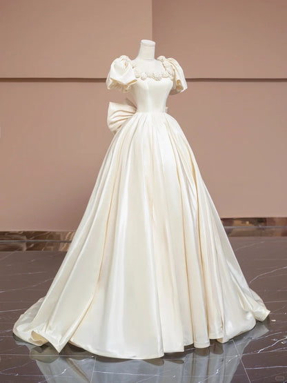 Charming Square Neck Short Puffy Sleeve Ball Gown Floor length A-Line Applique Prom Dress AP2282