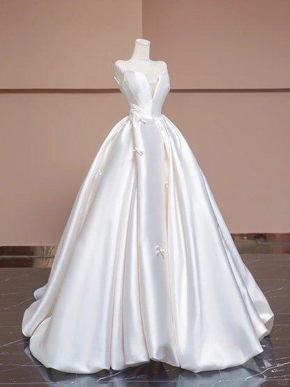 French Style Mesh Trim Strapless White Satin A-Line Bow Details Wedding Dress AP2283