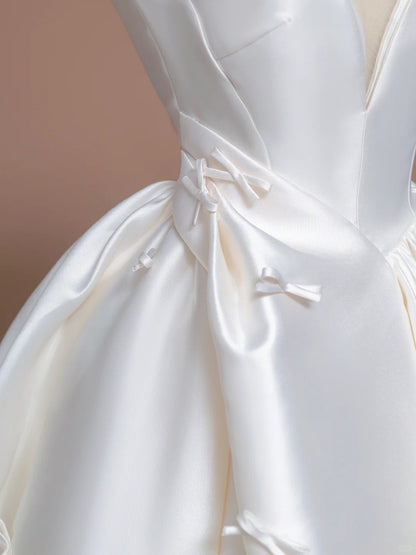 French Style Mesh Trim Strapless White Satin A-Line Bow Details Wedding Dress AP2283