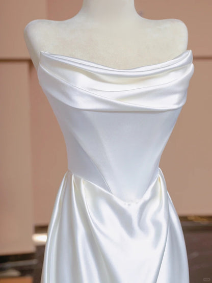 Fashionable Lace-Up Back Floor Length Strapless Ruched Satin Sheath Wedding Dress AP2285