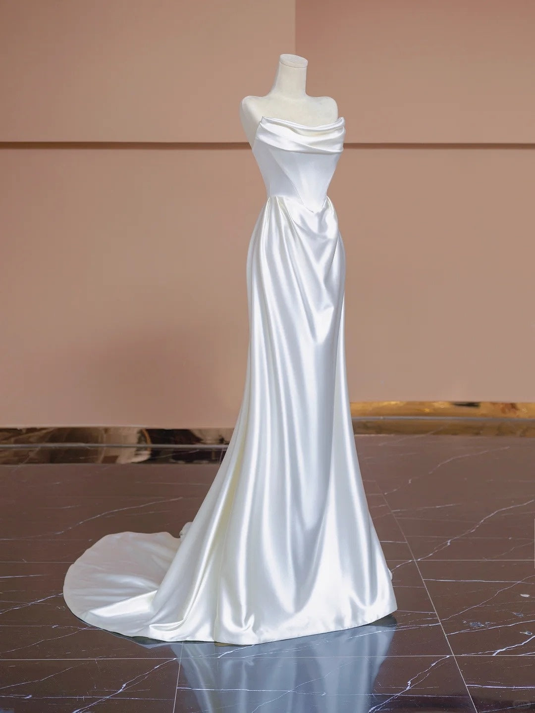 Fashionable Lace-Up Back Floor Length Strapless Ruched Satin Sheath Wedding Dress AP2285